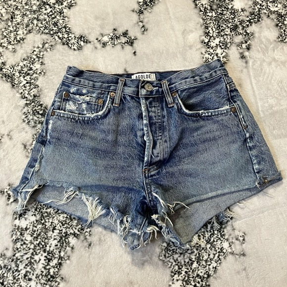 Agolde Shorts Womens Size 24 Blue Parker Cut Offs Button Fly Distressed - Picture 1 of 8